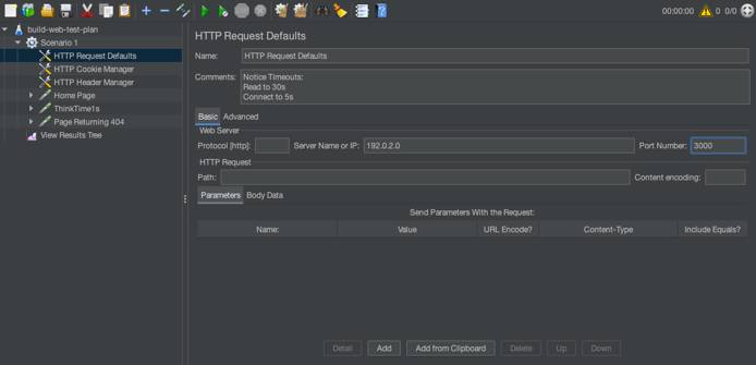 Adjusting the HTTP request defaults for a JMeter test plan.